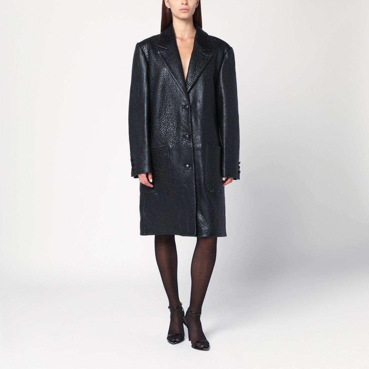 Cassell Single-breasted black leather coat