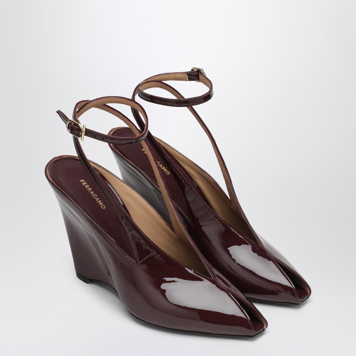 Ferragamo Peep Toe Wedge Sandals in Bordeaux Ferragamo