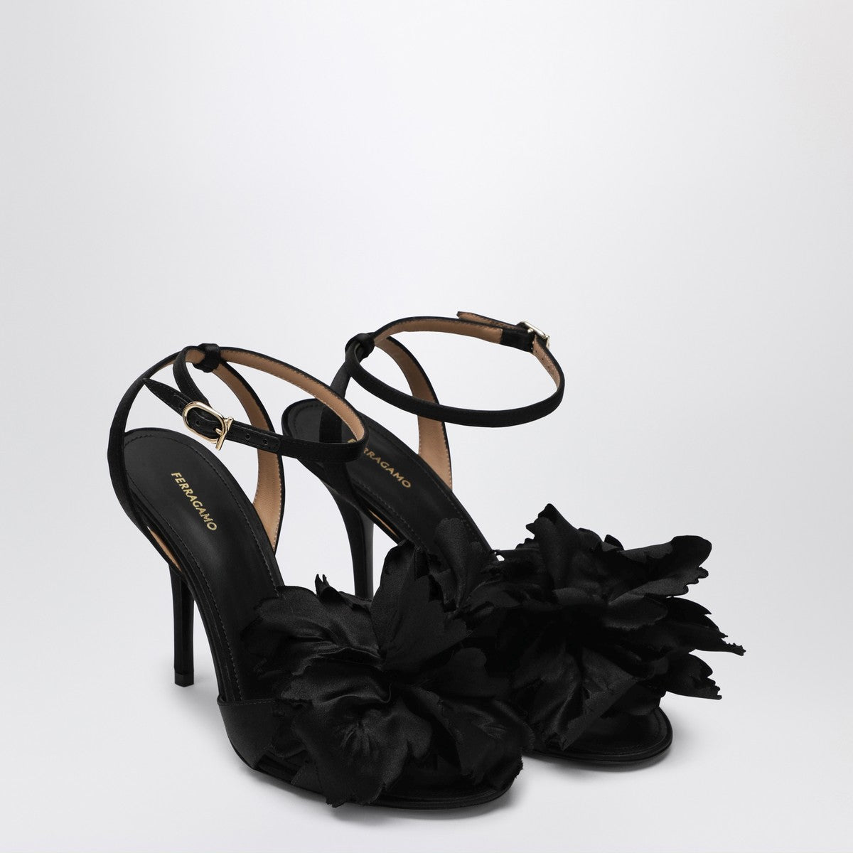 Ferragamo Black satin flower sandals Ferragamo