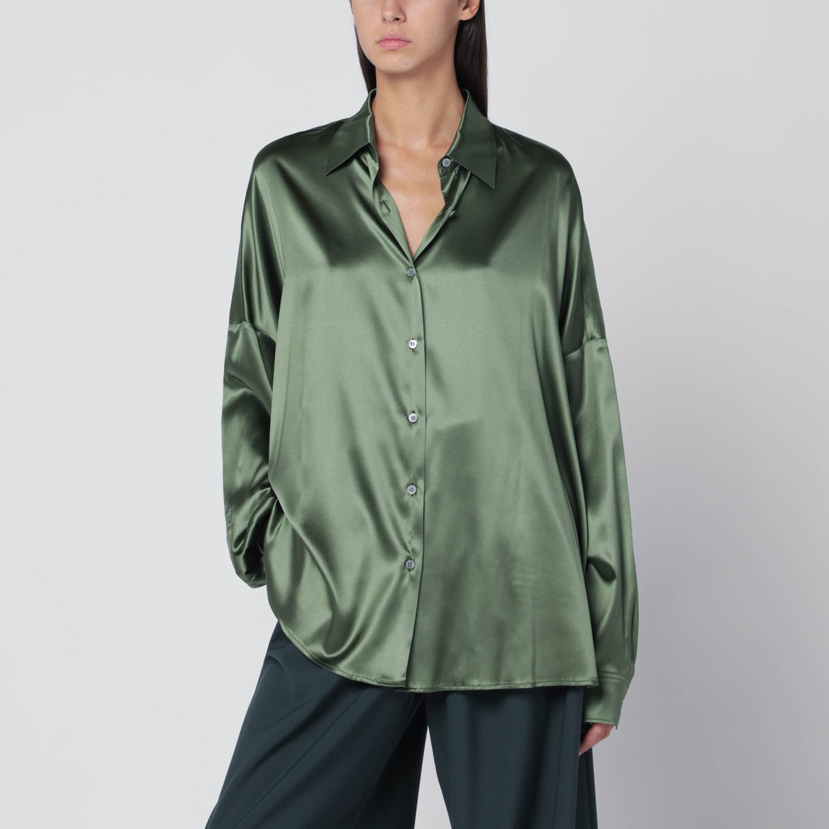 Dries Van Noten Oversized silk shirt in khaki color Dries Van Noten