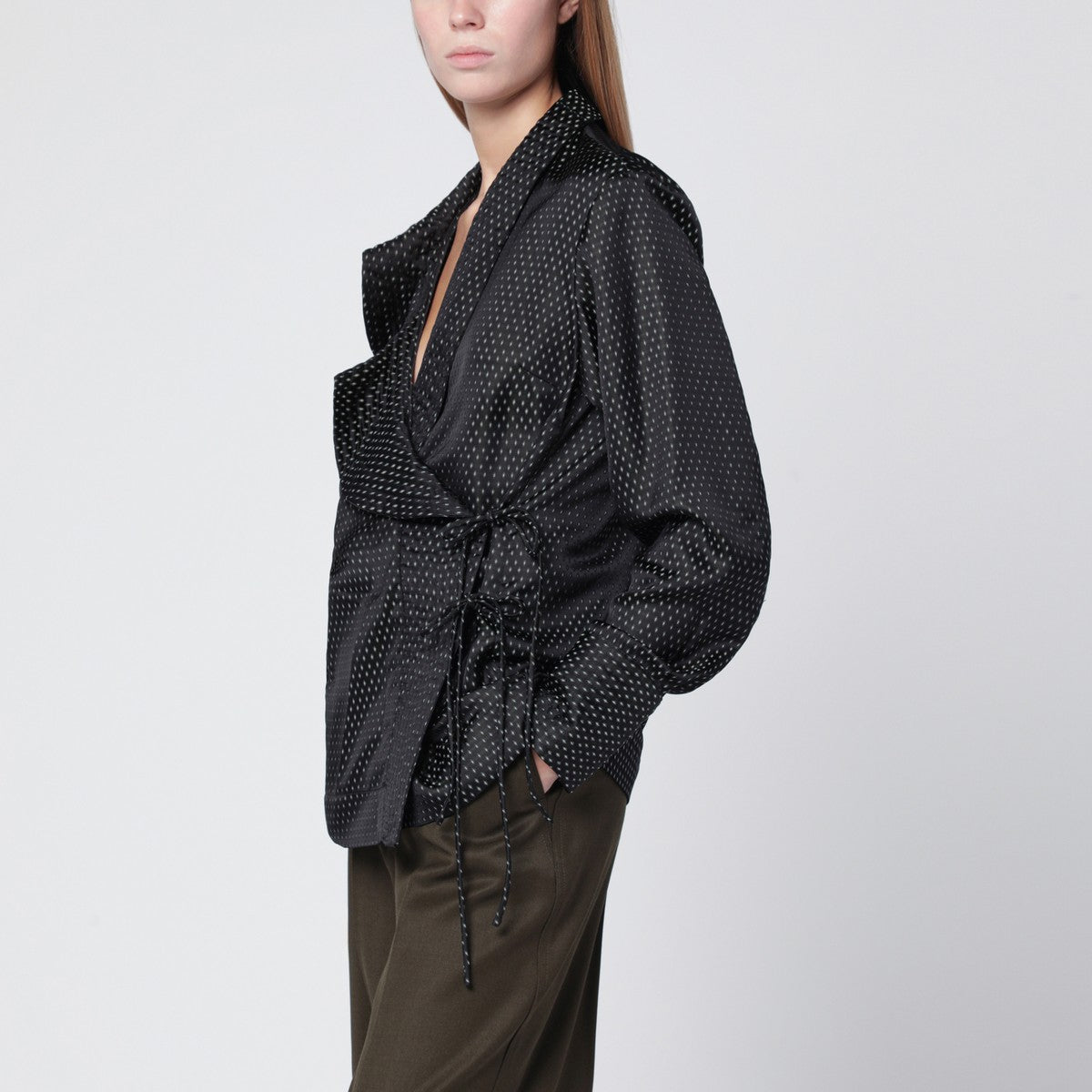 Dries Van Noten Black wrap shirt with jacquard texture Dries Van Noten