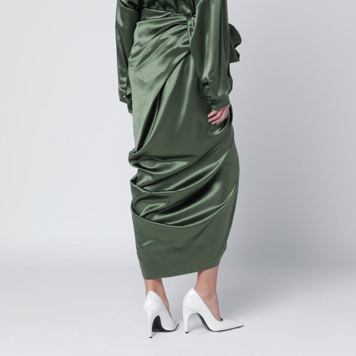 Dries Van Noten Khaki green draped silk shirt dress Dries Van Noten