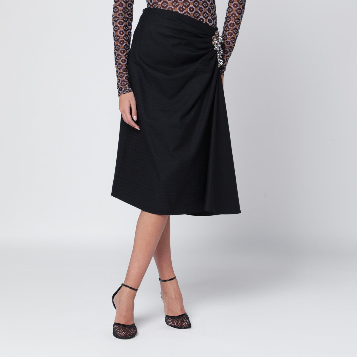 Dries Van Noten Navy blue draped skirt with brooch Dries Van Noten