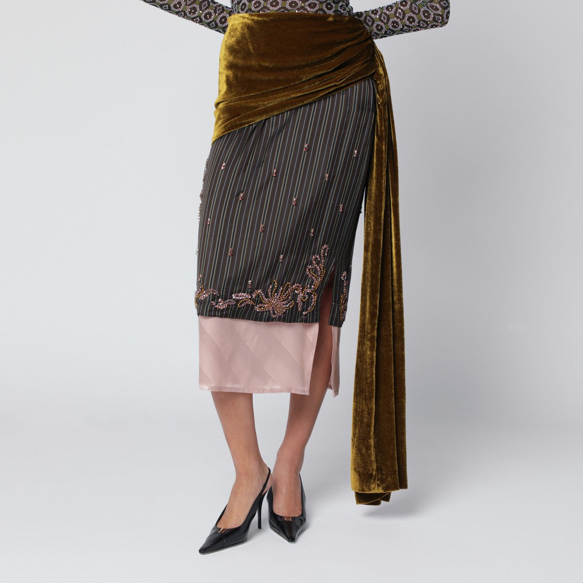 Dries Van Noten Draped skirt in silk and velvet Dries Van Noten