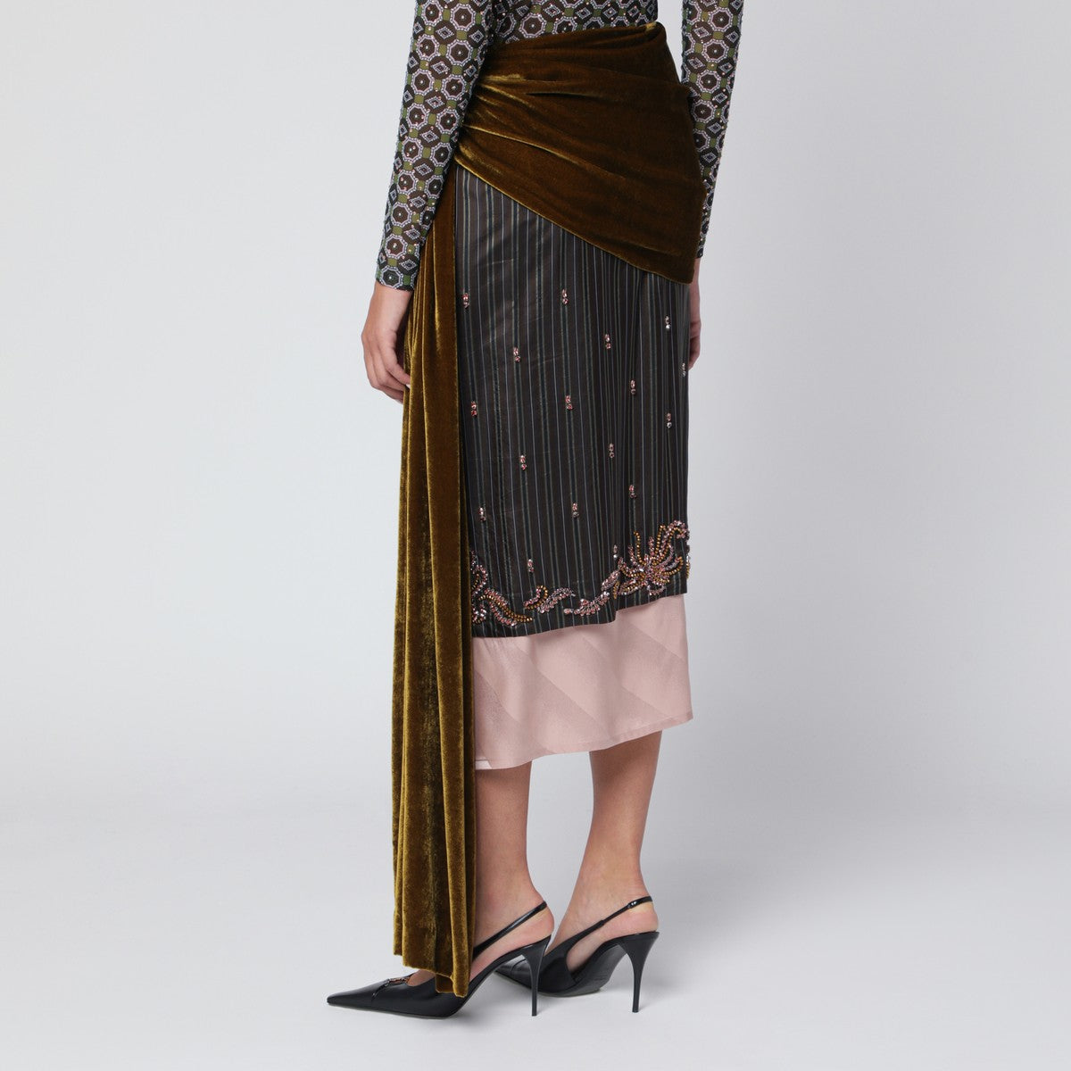 Dries Van Noten Draped skirt in silk and velvet Dries Van Noten