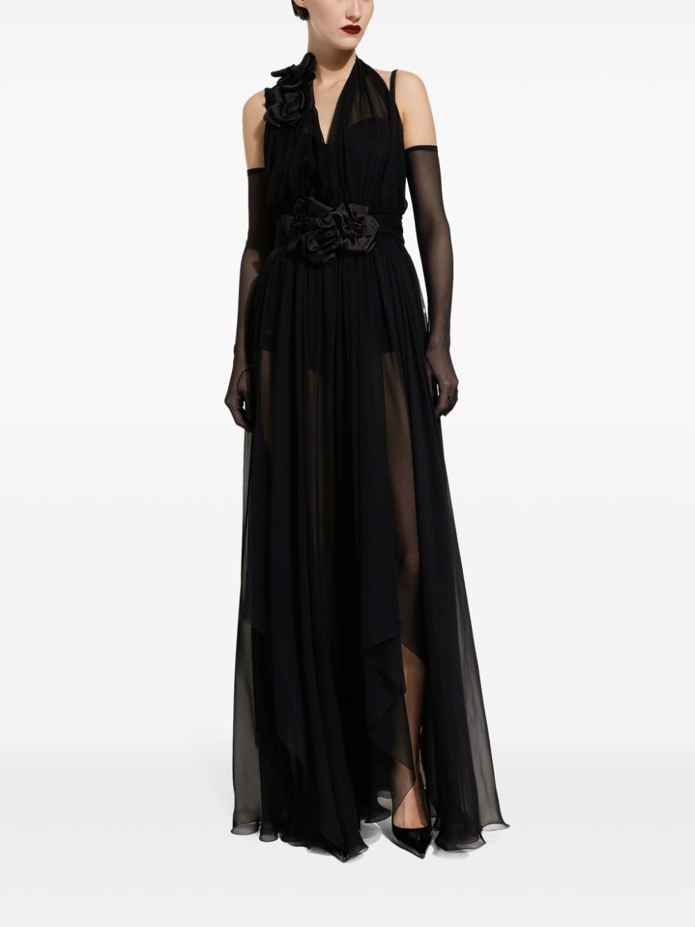 Dolce & Gabbana Long silk chiffon dress with floral appliqué Dolce & Gabbana
