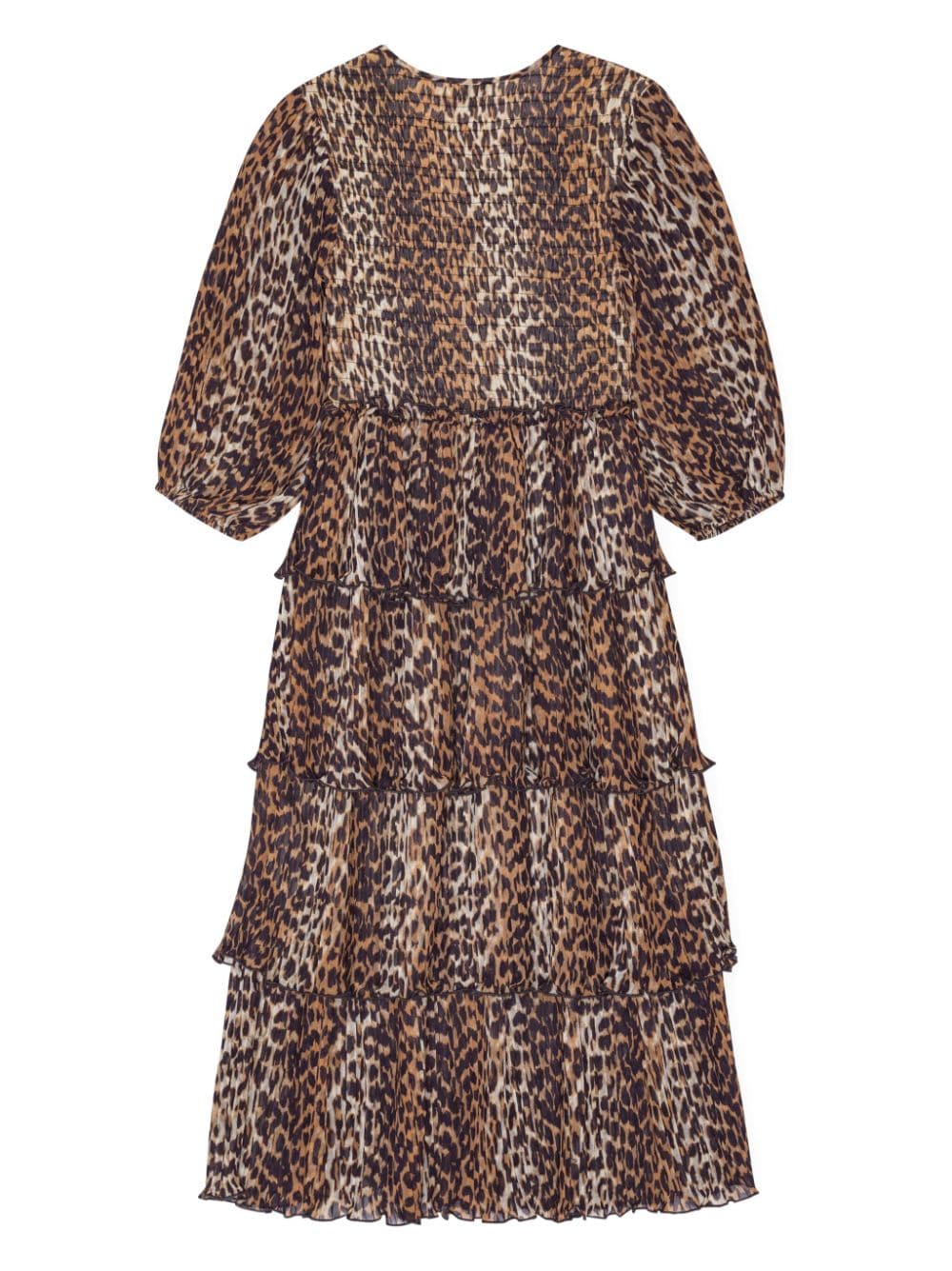 Ganni Leopard Pleated Georgette Flounce Smock Midi Dress Ganni