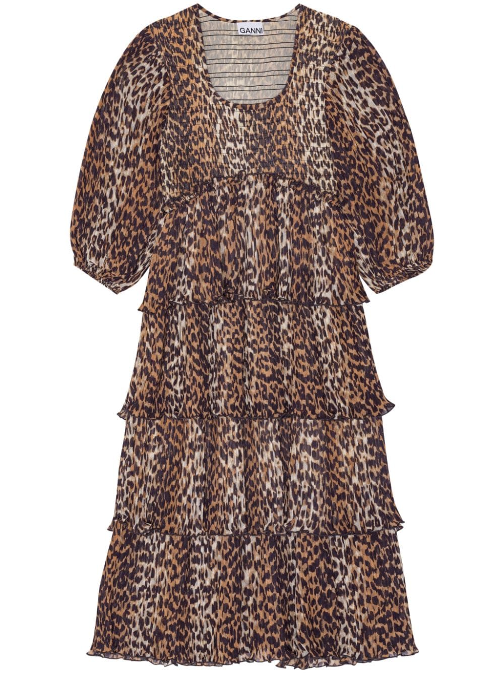 Ganni Leopard Pleated Georgette Flounce Smock Midi Dress Ganni