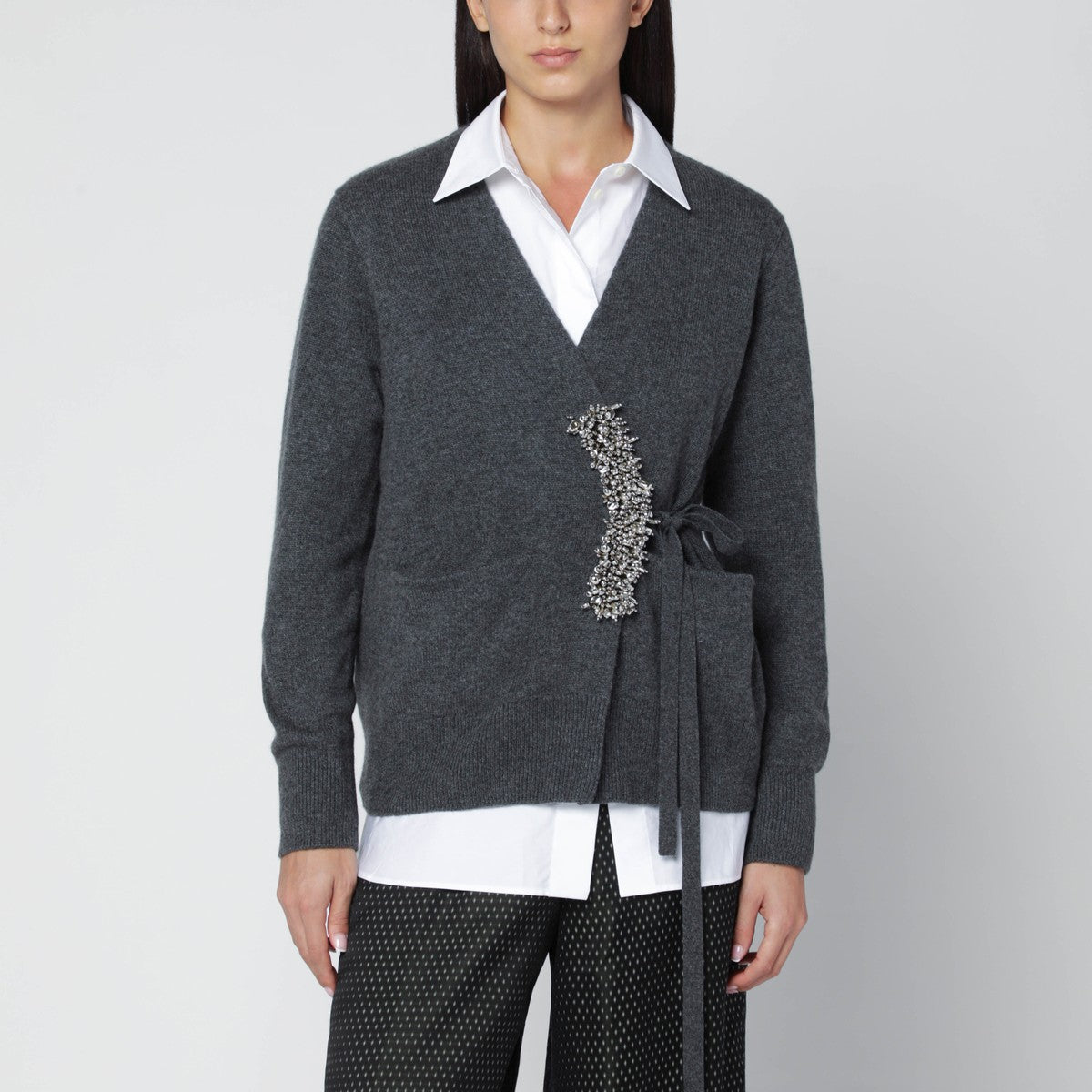 Dries Van Noten Grey cashmere cardigan with brooch detail Dries Van Noten