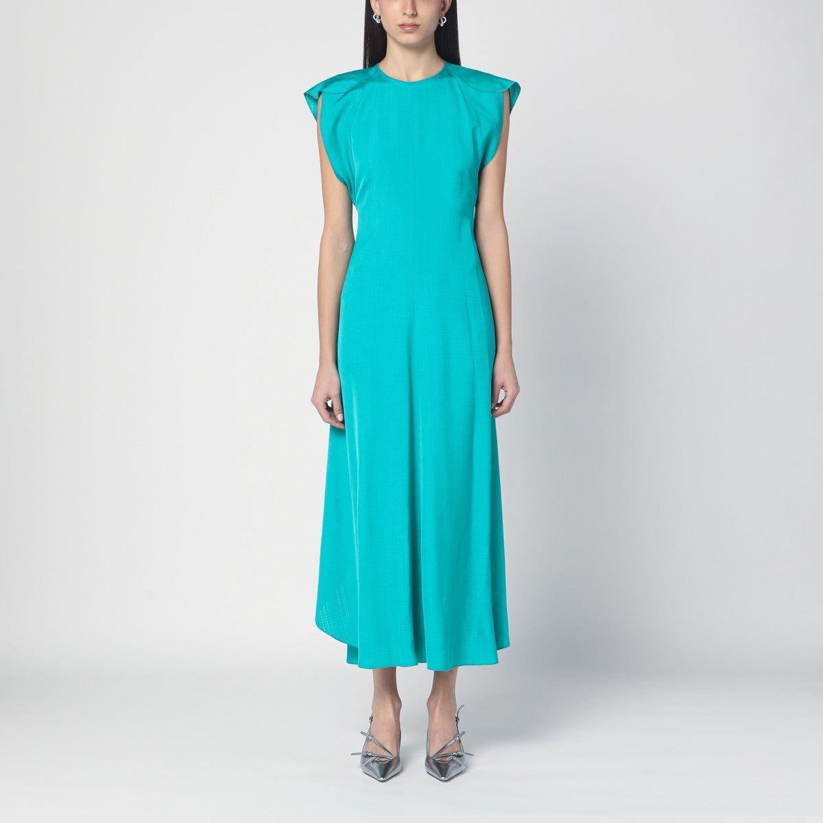 Victoria Beckham Peacock colour midi dress with hooded sleeves Victoria Beckham