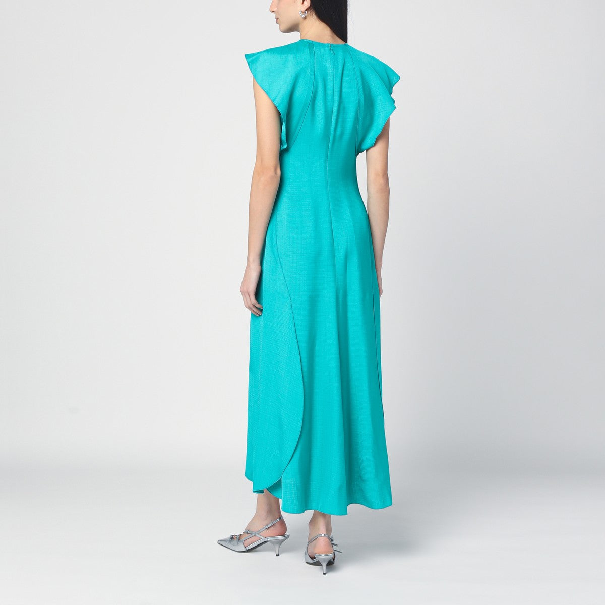Victoria Beckham Peacock colour midi dress with hooded sleeves Victoria Beckham