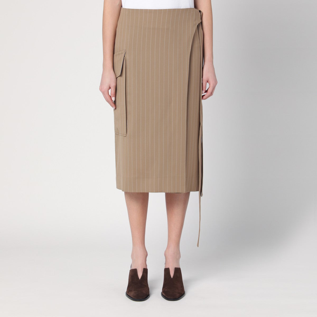 Victoria Beckham Sand-coloured pinstriped wrap skirt Victoria Beckham