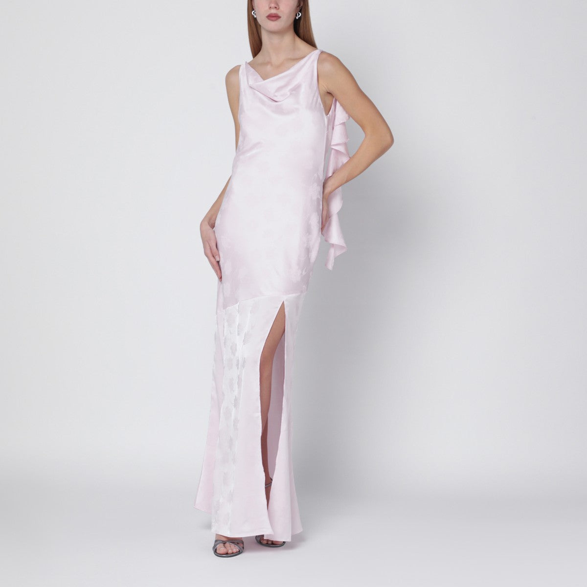 ROTATE Birger Christensen Long pink satin jacquard dress with ruffles ROTATE Birger Christensen