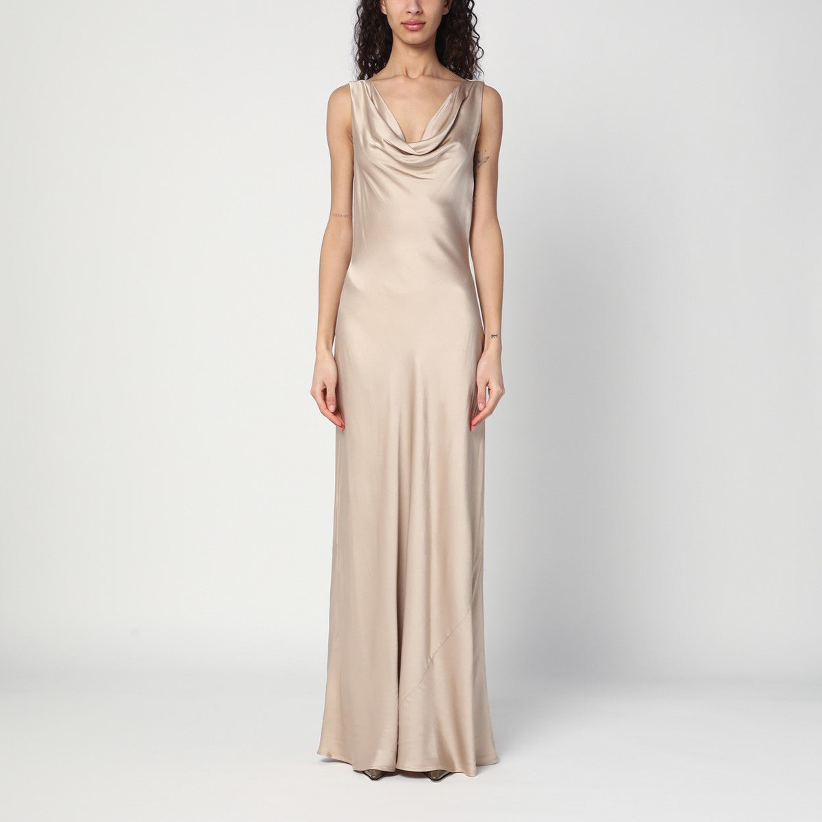 Malina Leah dress in champagne colour satin Malina