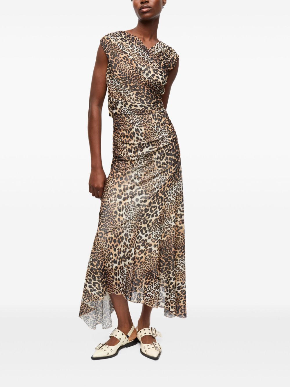 Ganni Leopard Marl Mesh Long Ruched Crossover Dress Ganni