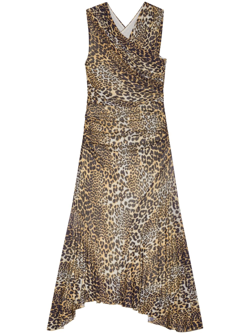 Ganni Leopard Marl Mesh Long Ruched Crossover Dress Ganni
