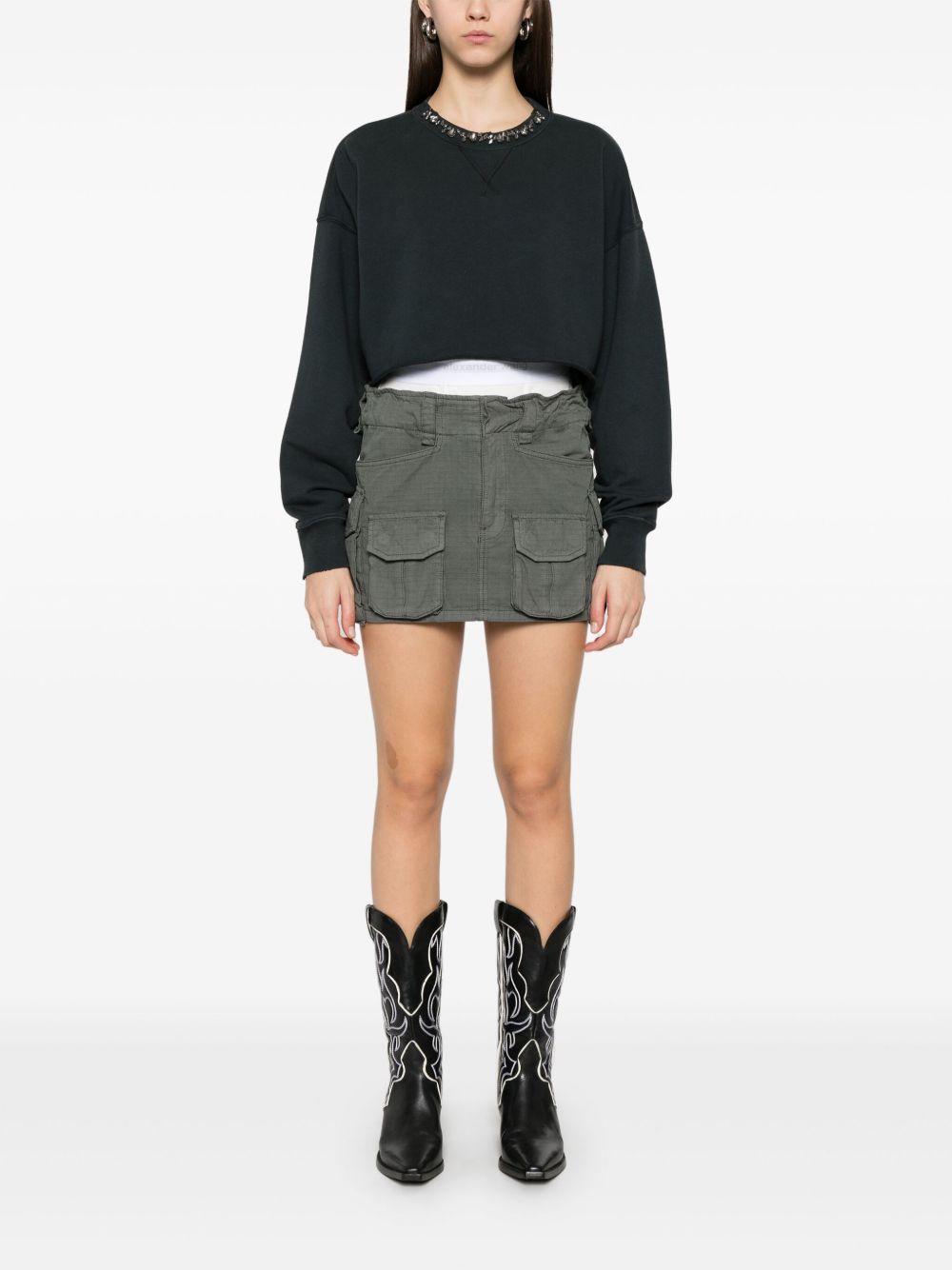Golden Goose Cropped Cotton Sweatshirt with Crystals on the Front Golden Goose