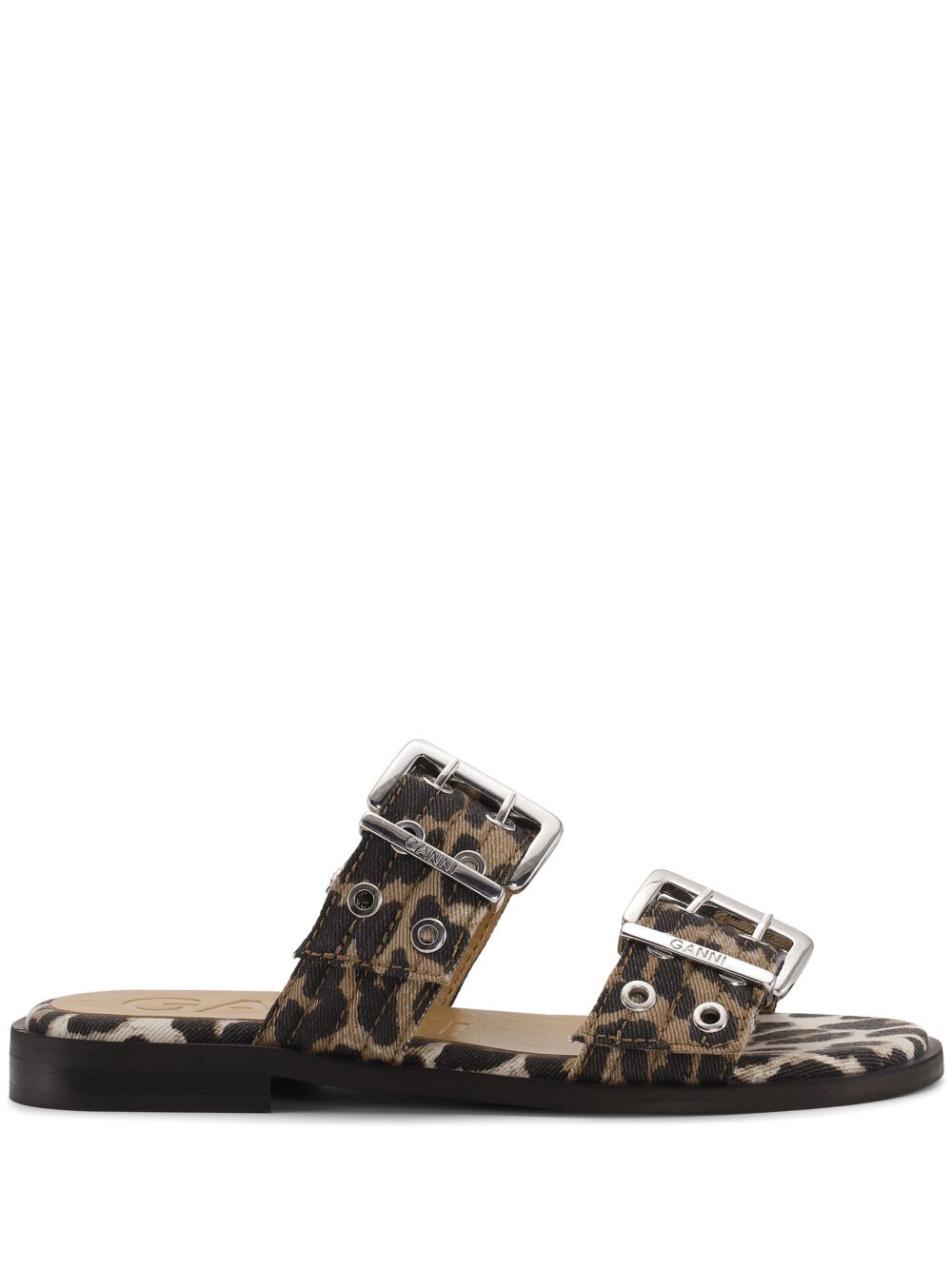 Ganni Leopard Denim Feminine Buckle Two-Strap Sandals Ganni