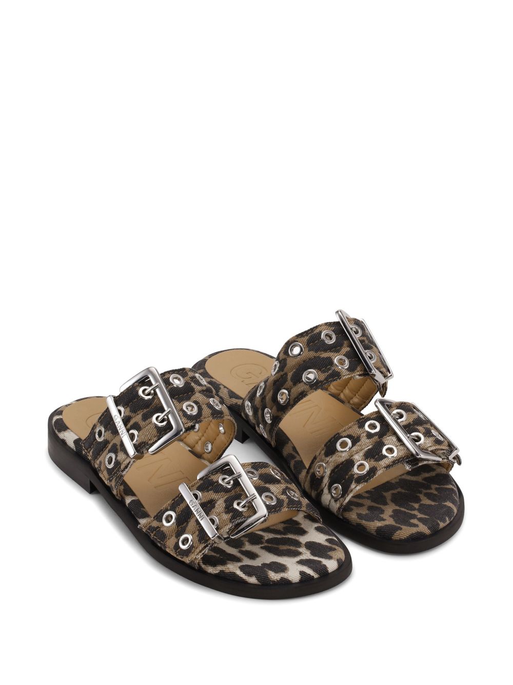 Ganni Leopard Denim Feminine Buckle Two-Strap Sandals Ganni