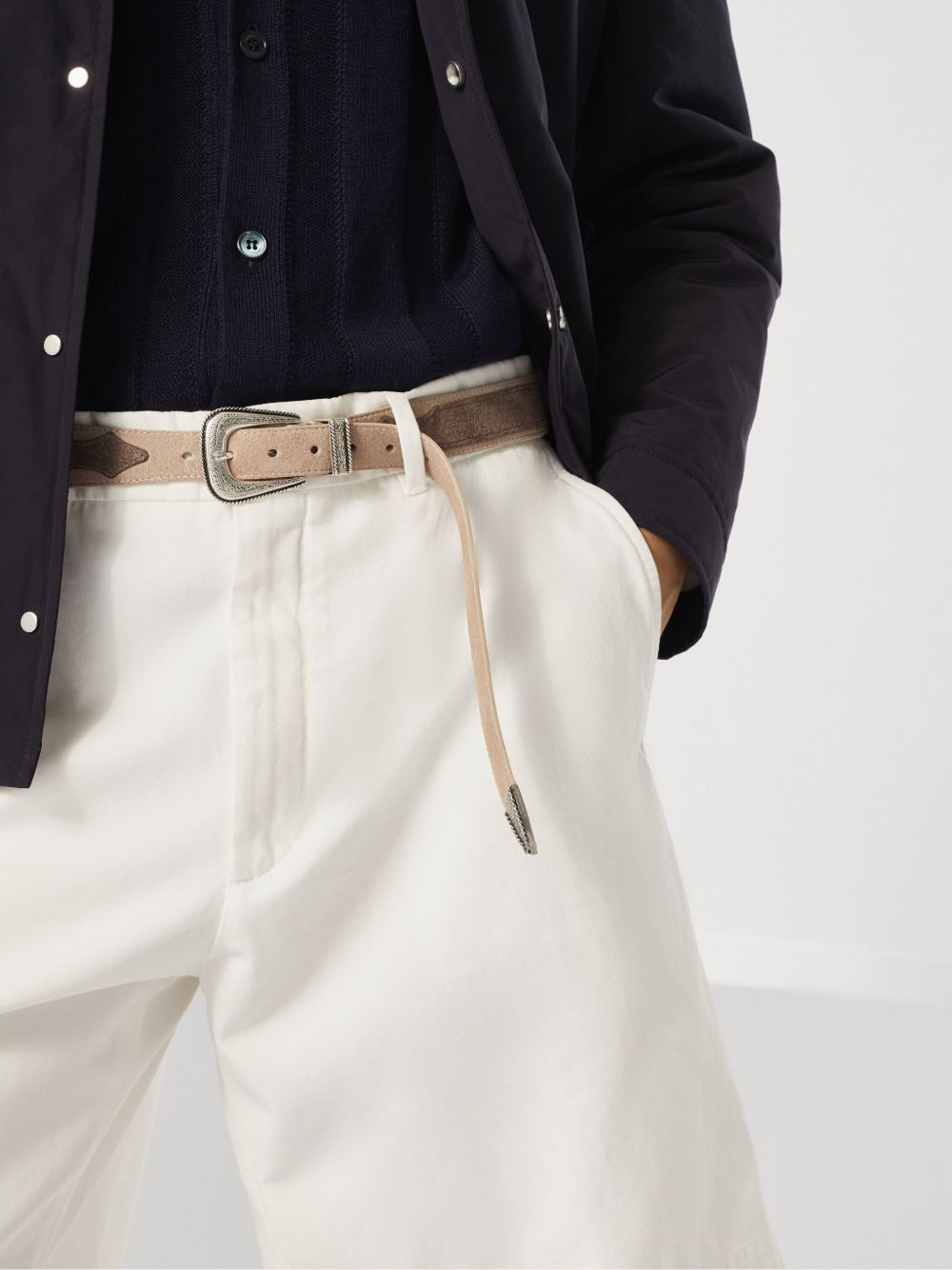 Brunello Cucinelli Two-tone belt in reversed calfskin with worked buckle and tip Brunello Cucinelli