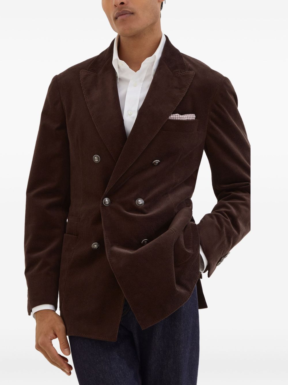 Brunello Cucinelli Comfort cotton and cashmere corduroy one-and-a-half breasted deconstructed blazer with patch pockets and metal buttons Brunello Cucinelli