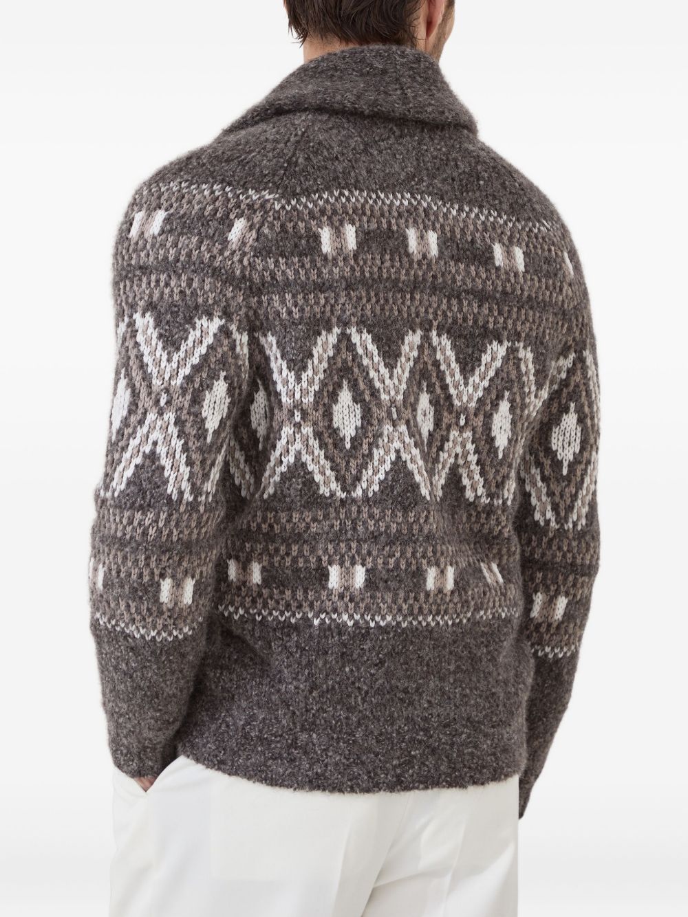 Brunello Cucinelli Alpaca, virgin wool and cashmere geometric jacquard cardigan with metal buttons Brunello Cucinelli