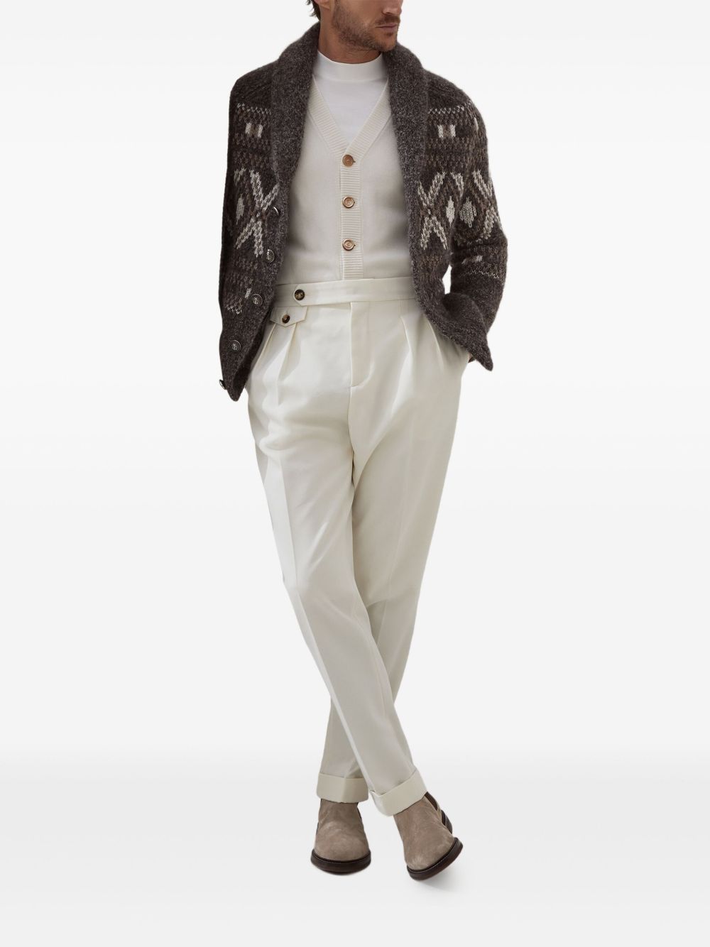 Brunello Cucinelli Alpaca, virgin wool and cashmere geometric jacquard cardigan with metal buttons Brunello Cucinelli