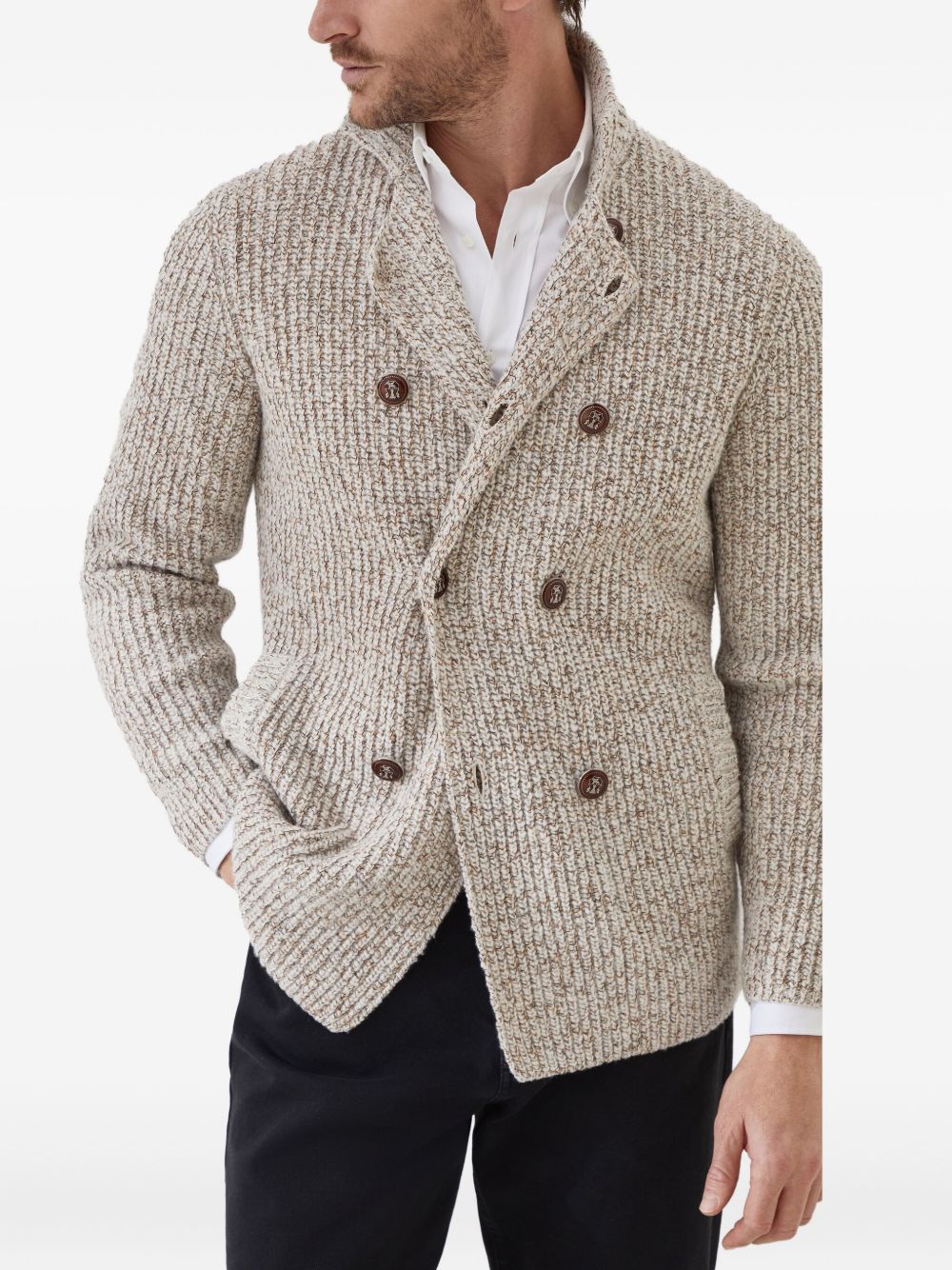 Brunello Cucinelli Mouliné virgin wool, silk and cashmere half English rib one-and-a-half breasted cardigan with metal buttons Brunello Cucinelli