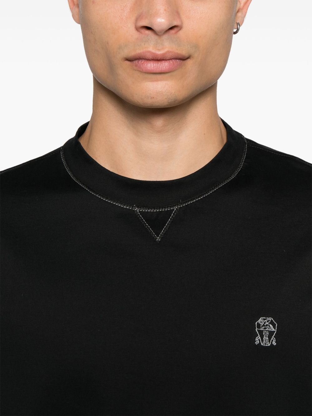 Brunello Cucinelli Crew neck T-shirt in cotton jersey with logo and faux layering Brunello Cucinelli