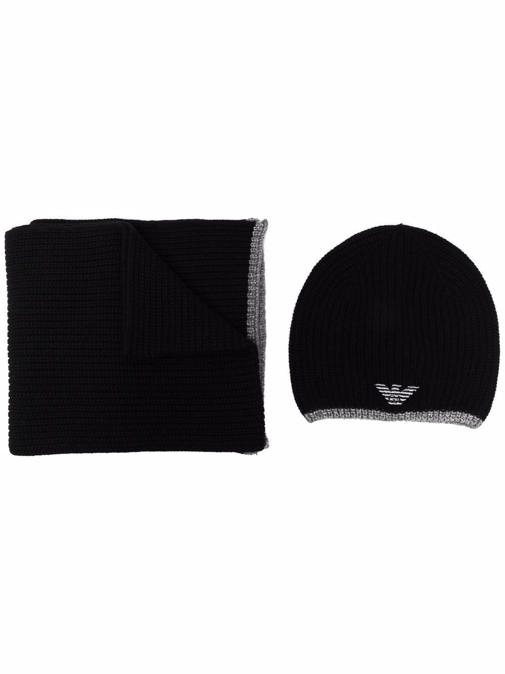 Emporio Armani ribbed knit embroidered logo scarf & beanie set Emporio Armani