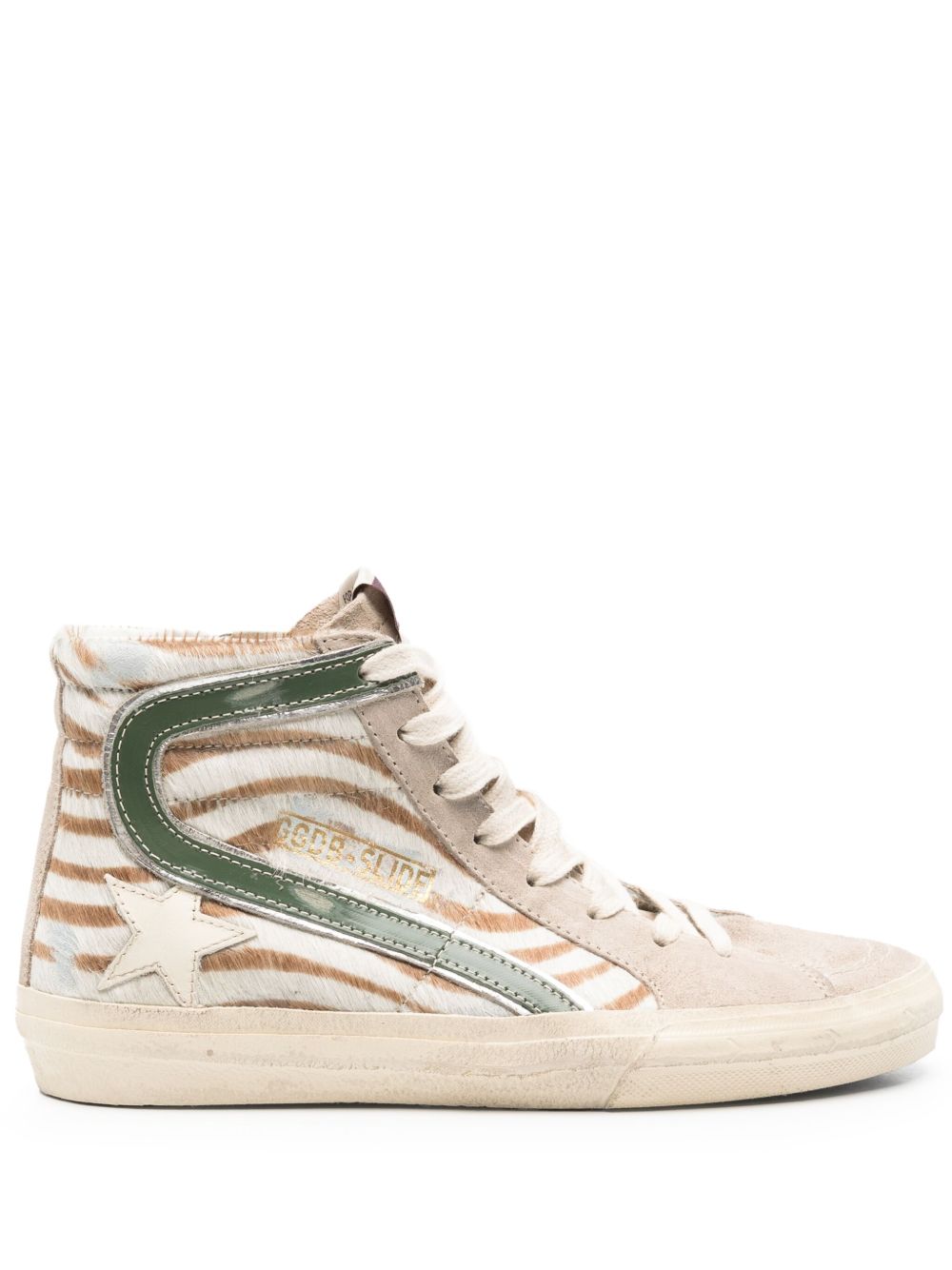 Golden Goose Slide in zebra-print pony skin with laminated leather flash Golden Goose