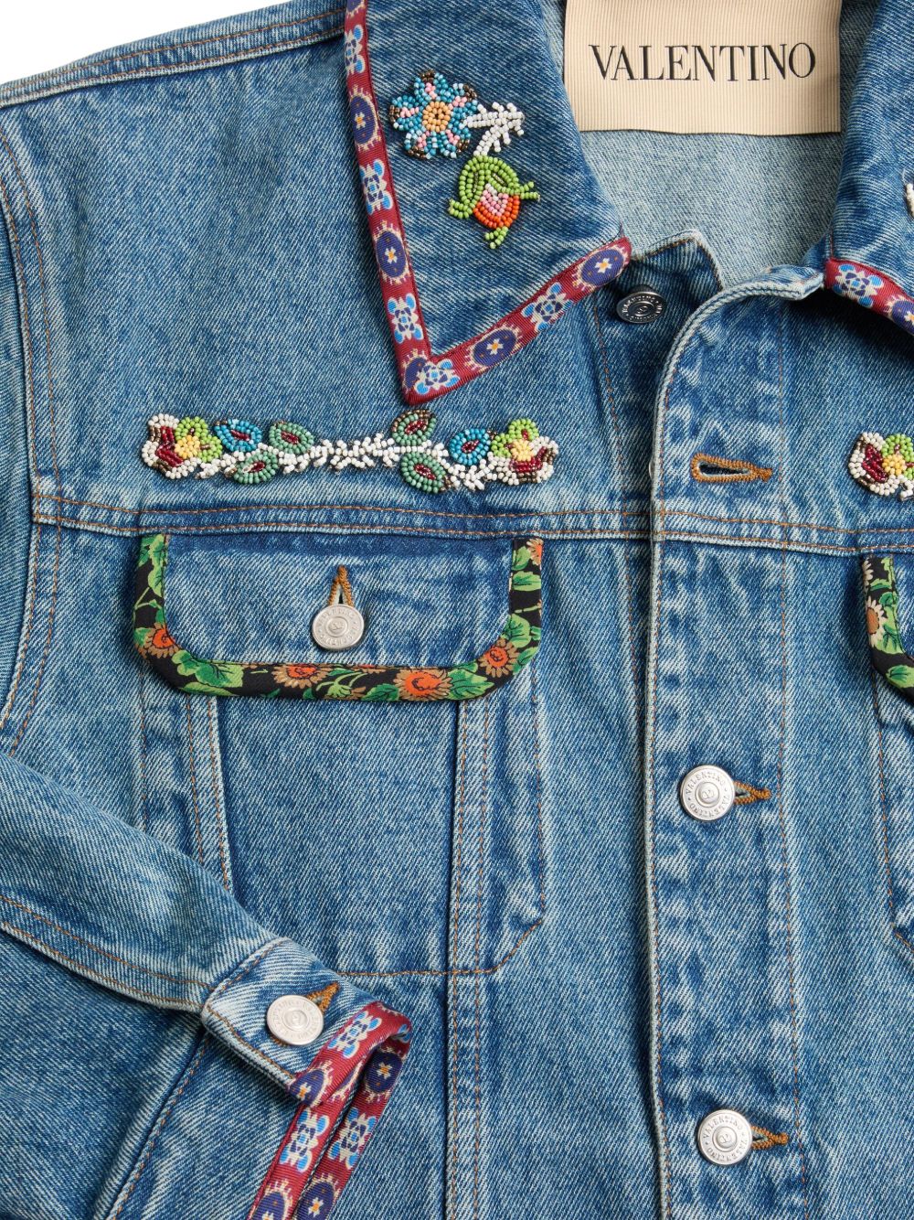 Valentino Bead-Embellished Floral-Trimmed Denim Jacket Valentino