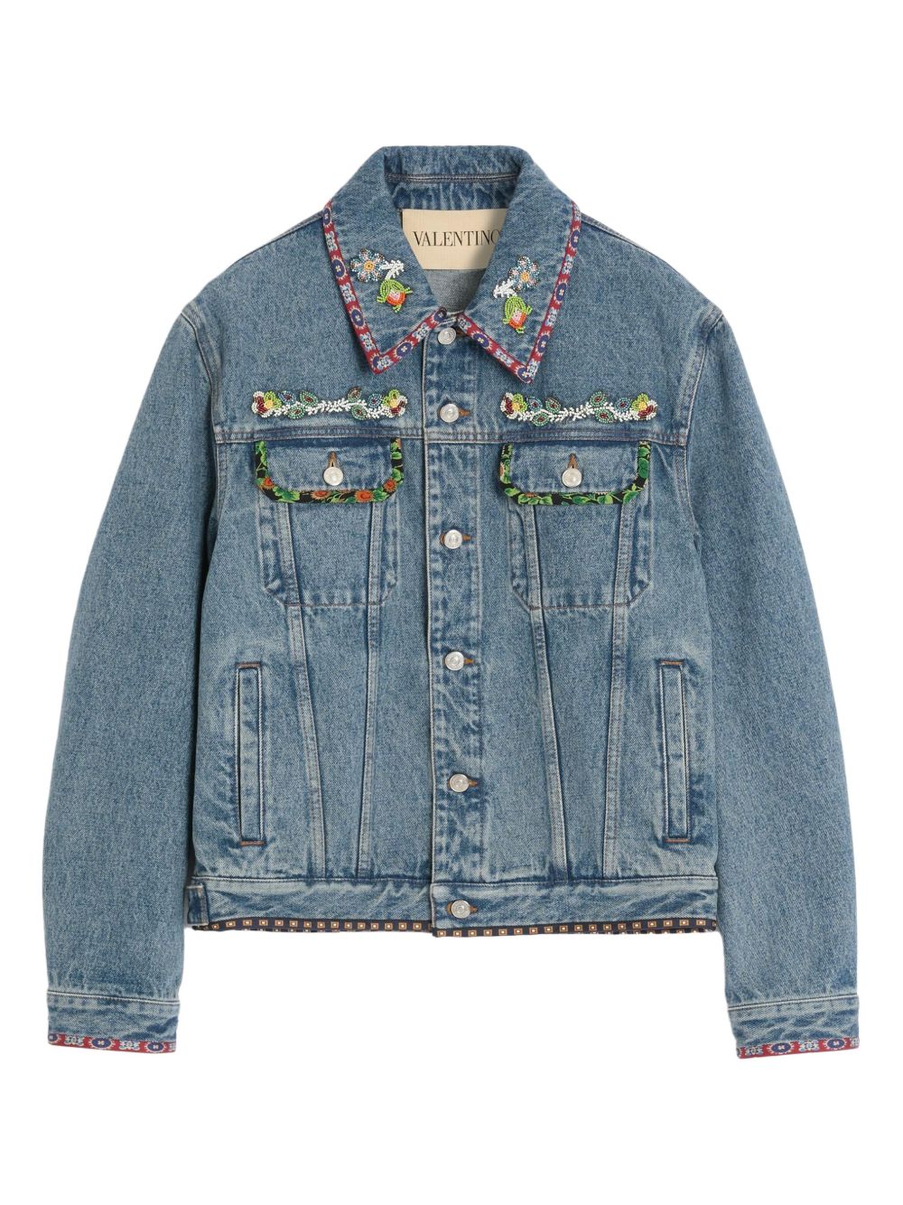 Valentino Bead-Embellished Floral-Trimmed Denim Jacket Valentino