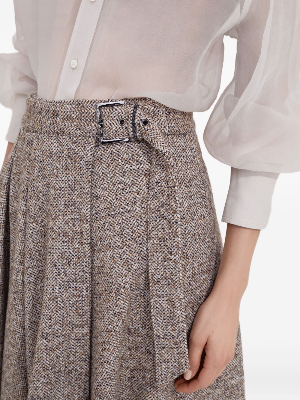 Brunello Cucinelli Flecked virgin wool and silk chevron kilt skirt with monili Brunello Cucinelli