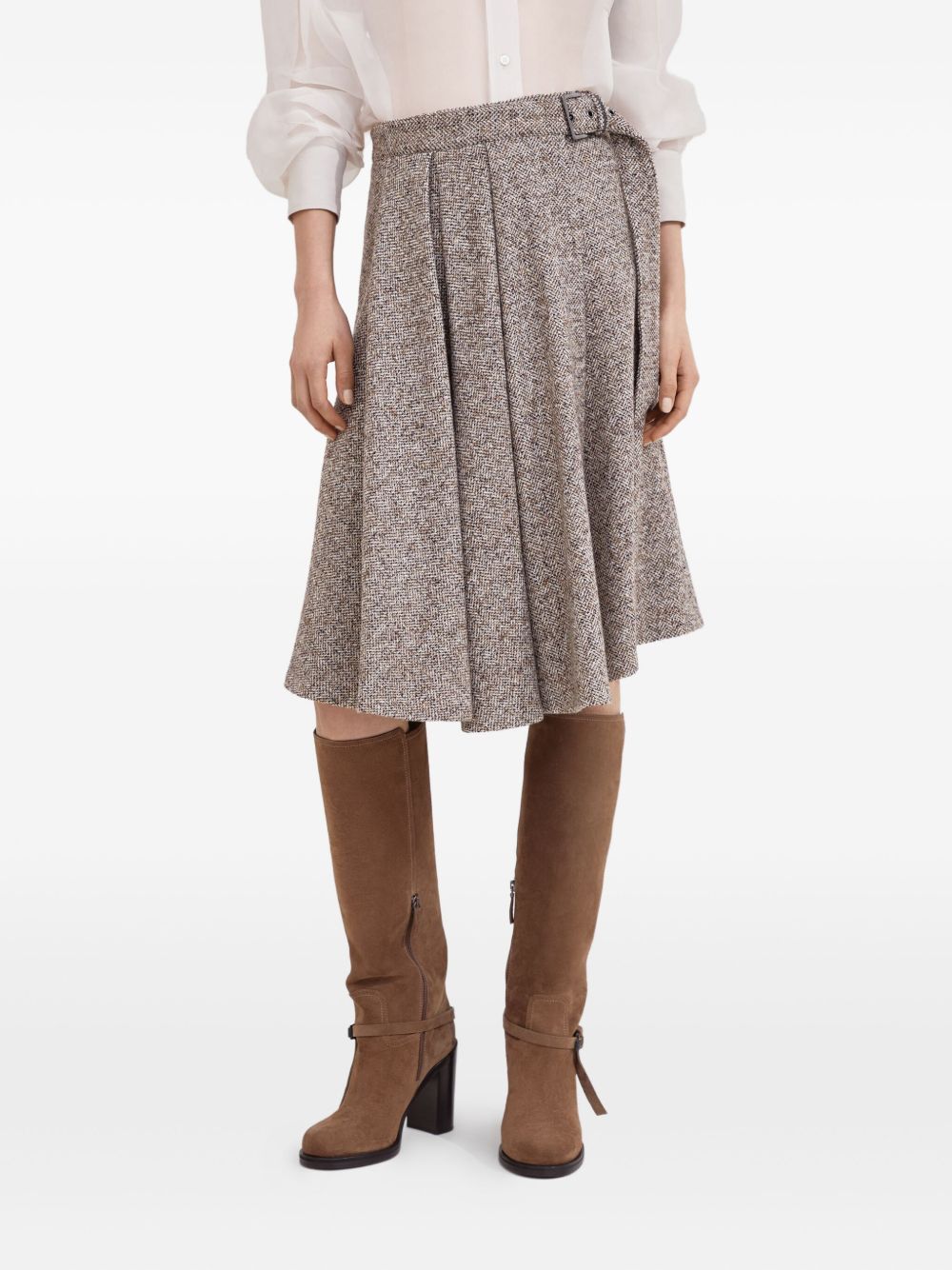 Brunello Cucinelli Flecked virgin wool and silk chevron kilt skirt with monili Brunello Cucinelli