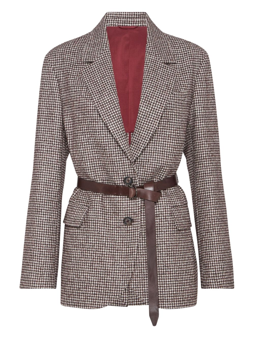 Brunello Cucinelli Wool and alpaca houndstooth jacket with leather and monili belt Brunello Cucinelli