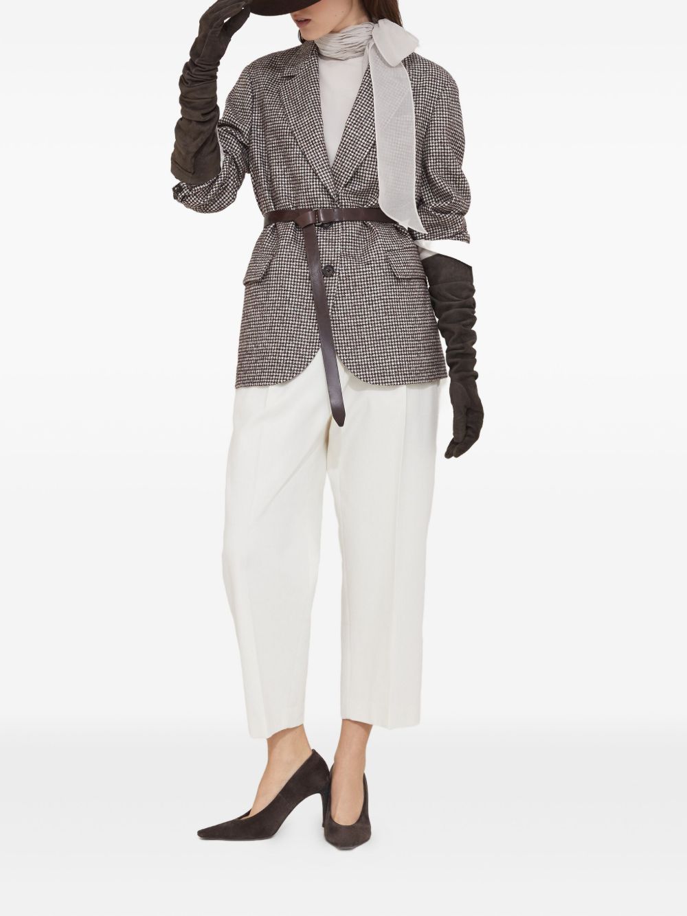 Brunello Cucinelli Wool and alpaca houndstooth jacket with leather and monili belt Brunello Cucinelli