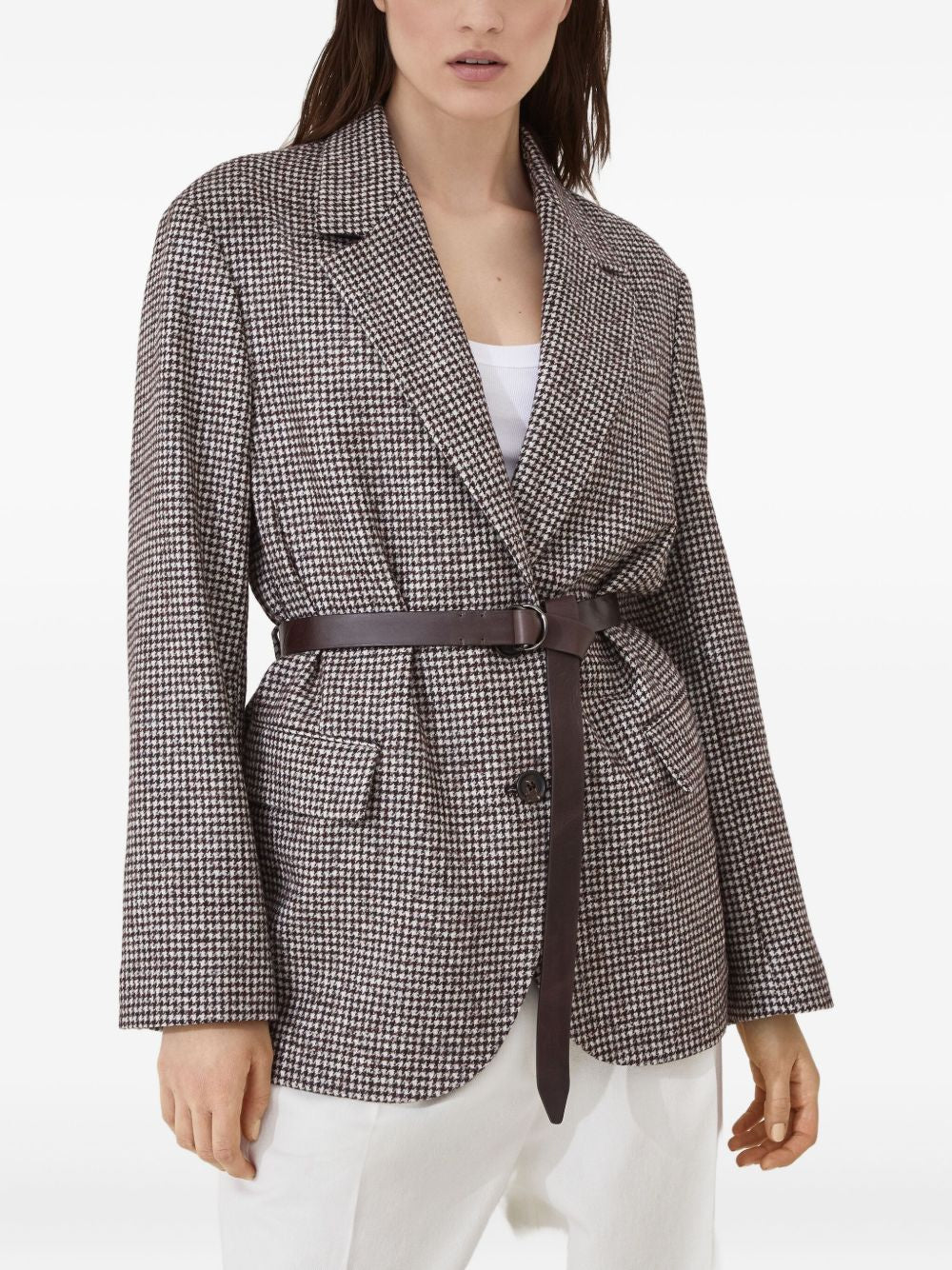 Brunello Cucinelli Wool and alpaca houndstooth jacket with leather and monili belt Brunello Cucinelli