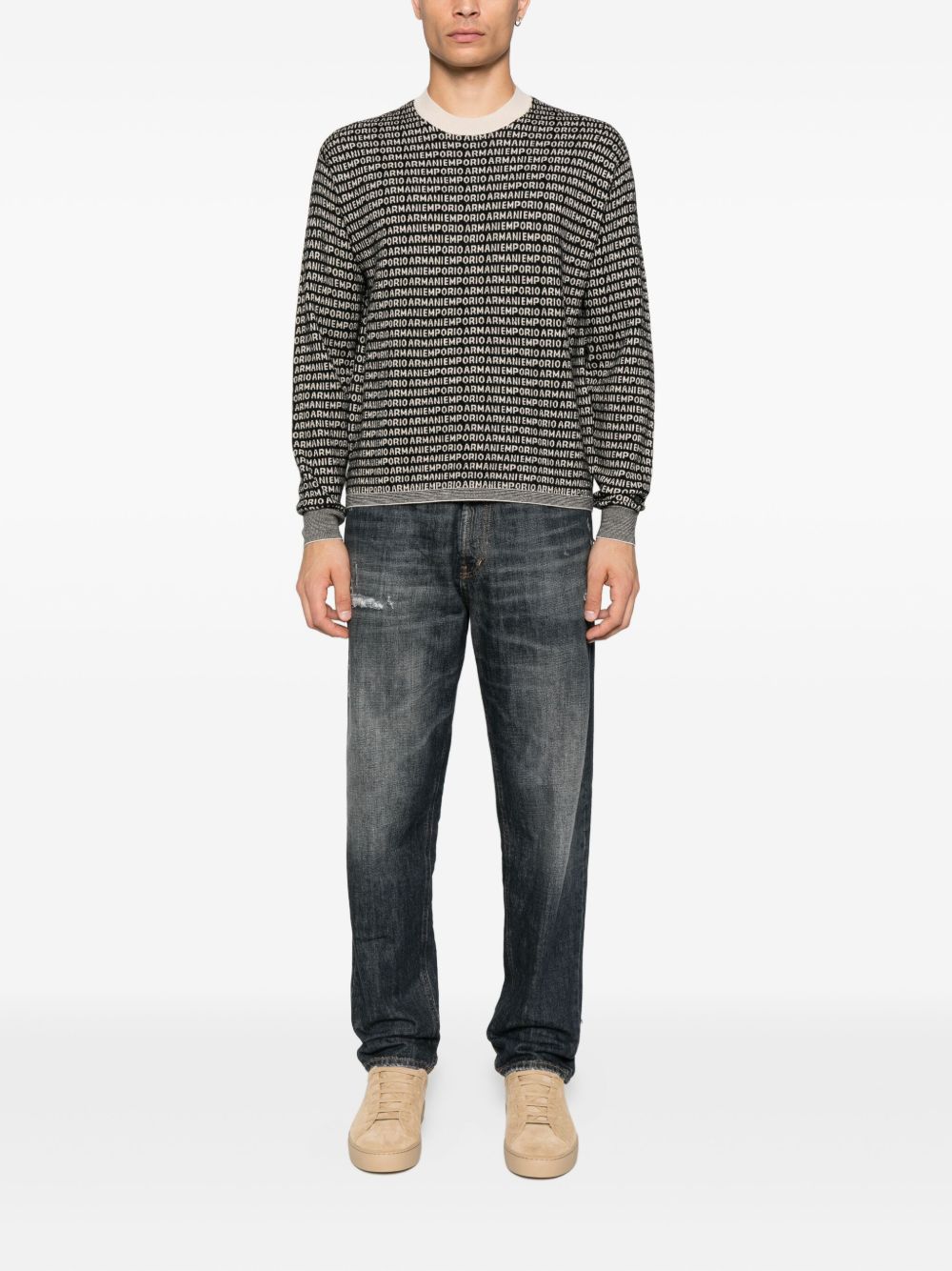 Emporio Armani Virgin wool sweater with jacquard logo and all-over signature Emporio Armani