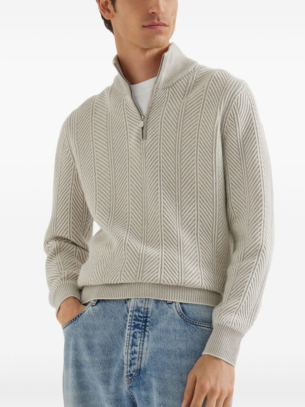 Brunello Cucinelli Herringbone twill zip-neck sweater Brunello Cucinelli