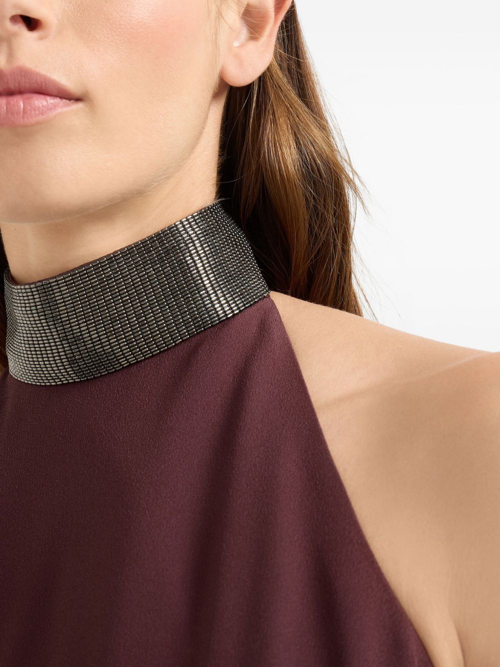 Brunello Cucinelli Halterneck dress in silk crêpe cady and acetate with Precious Beaded Collar Brunello Cucinelli