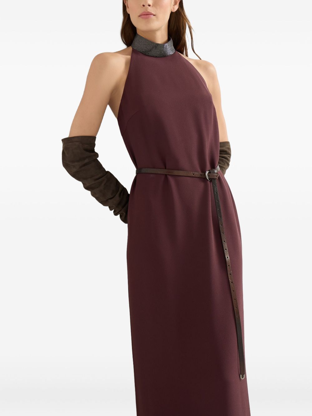 Brunello Cucinelli Halterneck dress in silk crêpe cady and acetate with Precious Beaded Collar Brunello Cucinelli