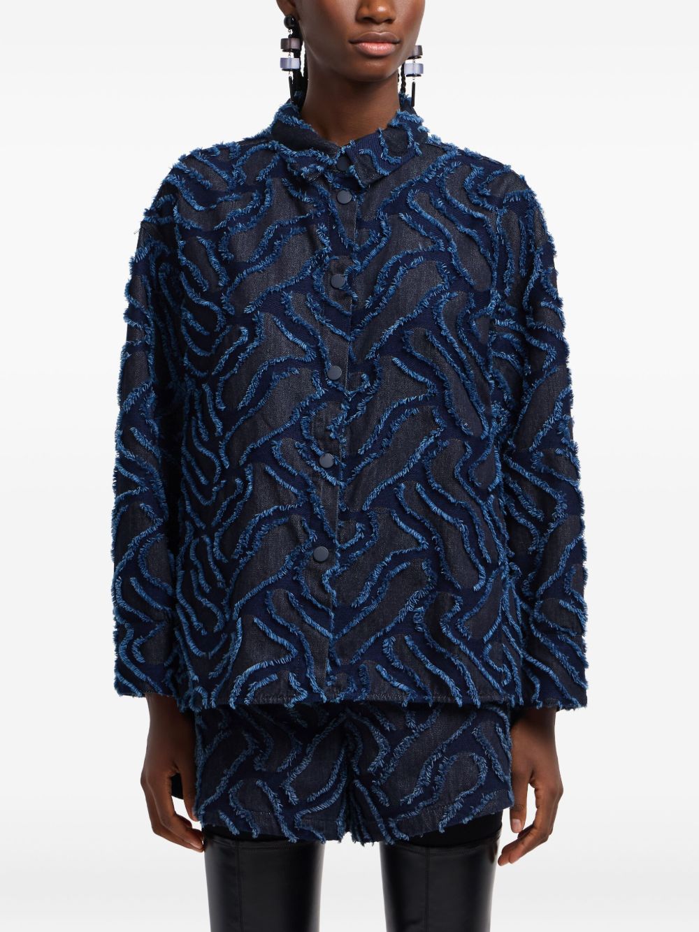 Emporio Armani Fringed embossed-motif jacquard denim shirt jacket Emporio Armani