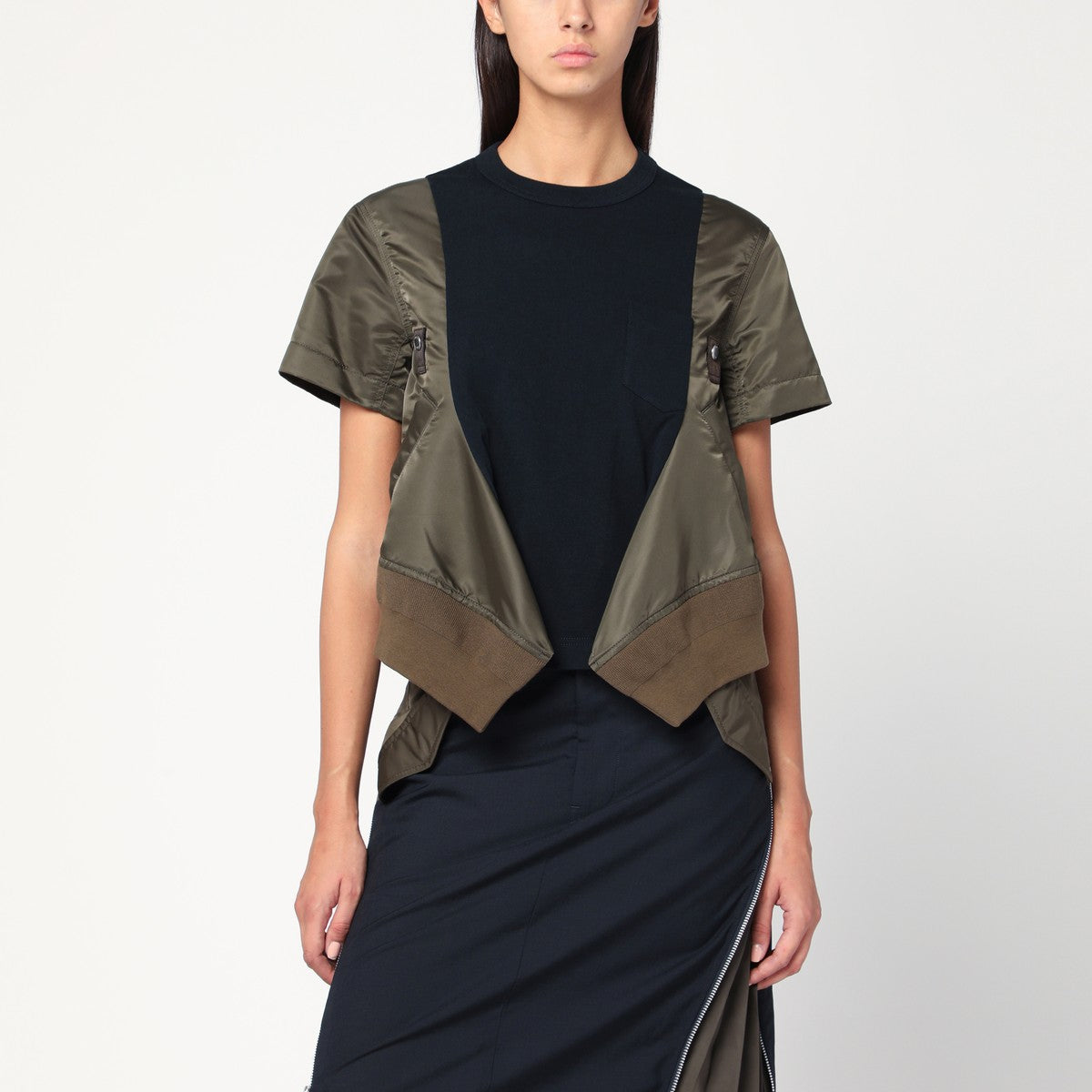 Sacai Navy/kaki cotton and nylon T-shirt Sacai