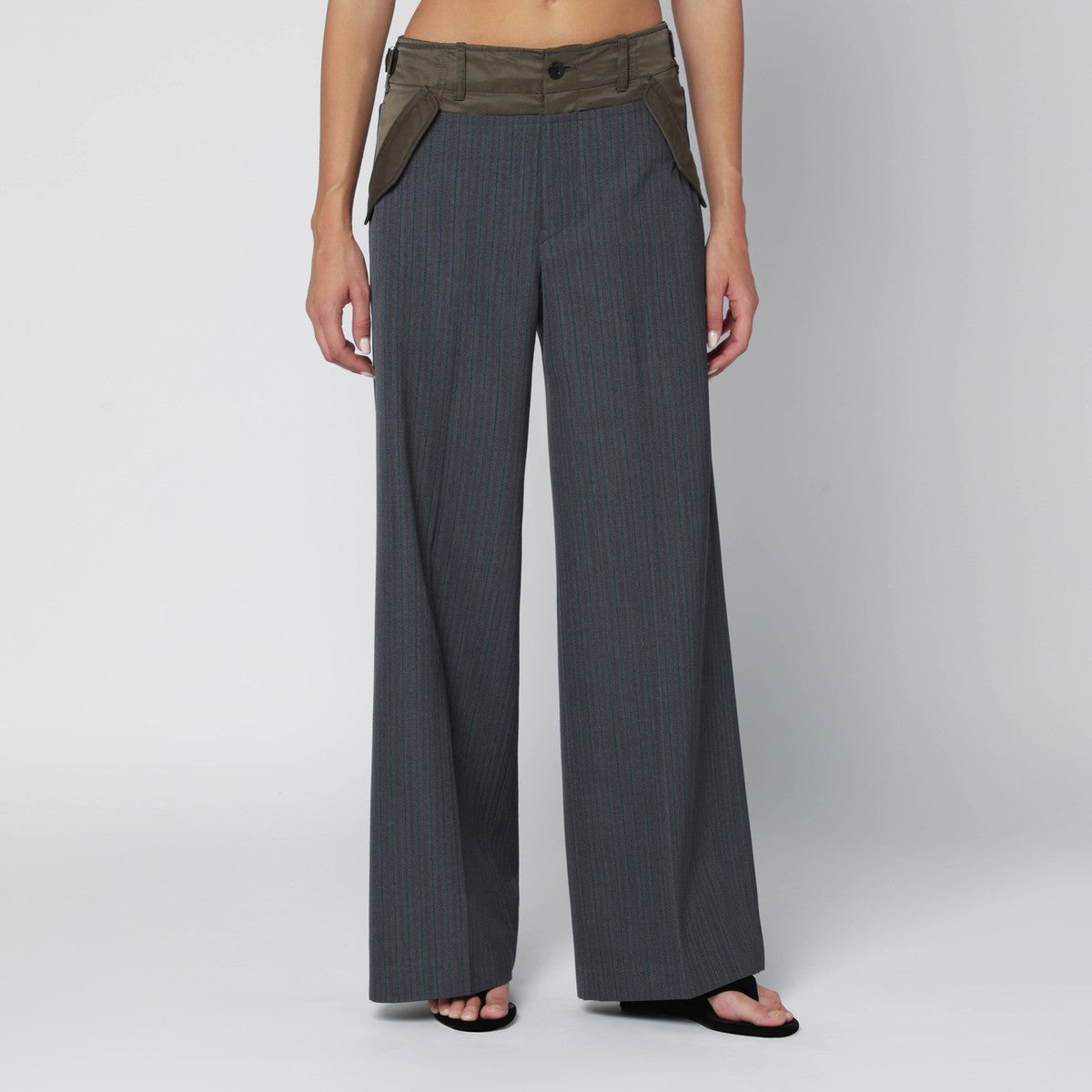 Sacai Grey/khaki pinstripe bi-material trousers Sacai