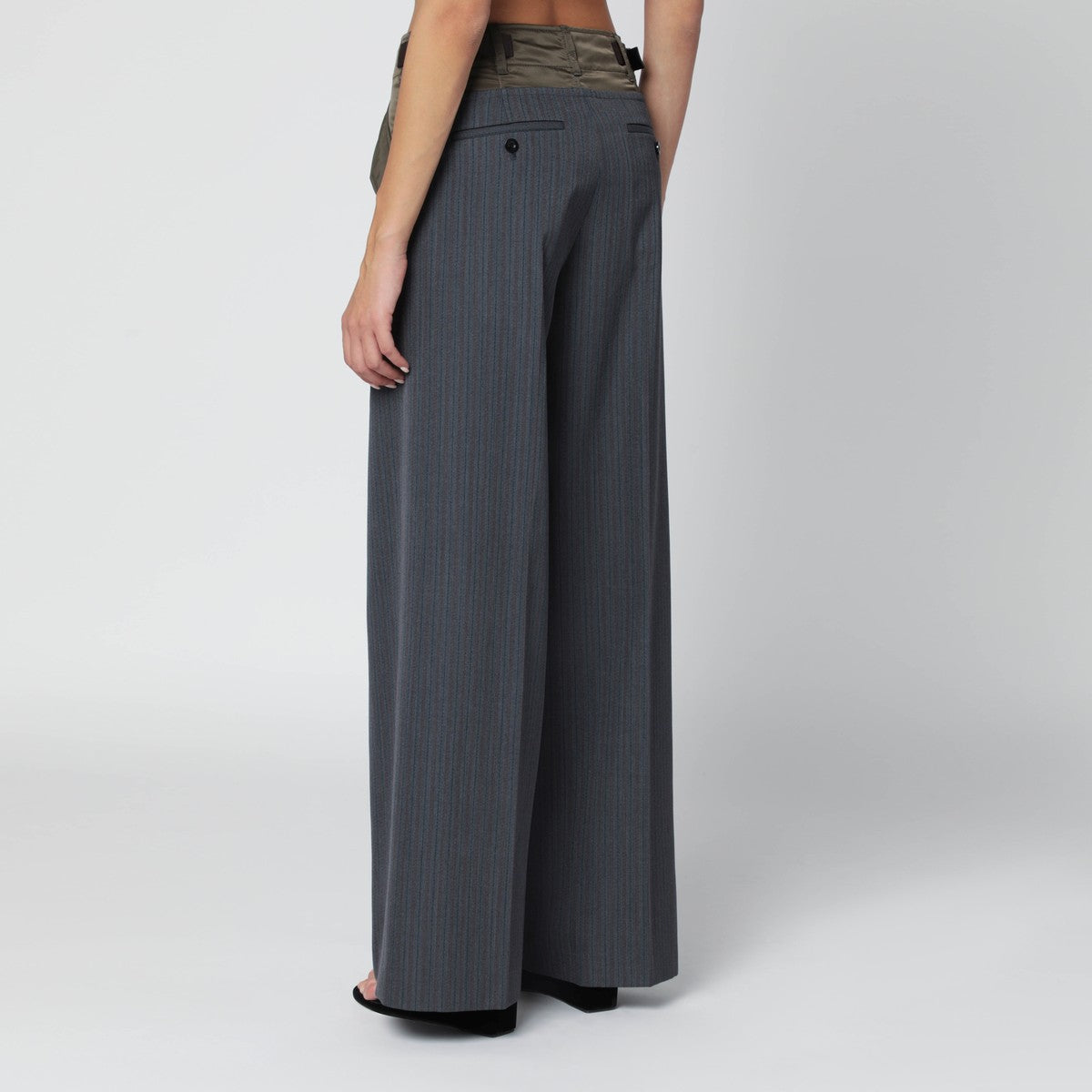 Sacai Grey/khaki pinstripe bi-material trousers Sacai