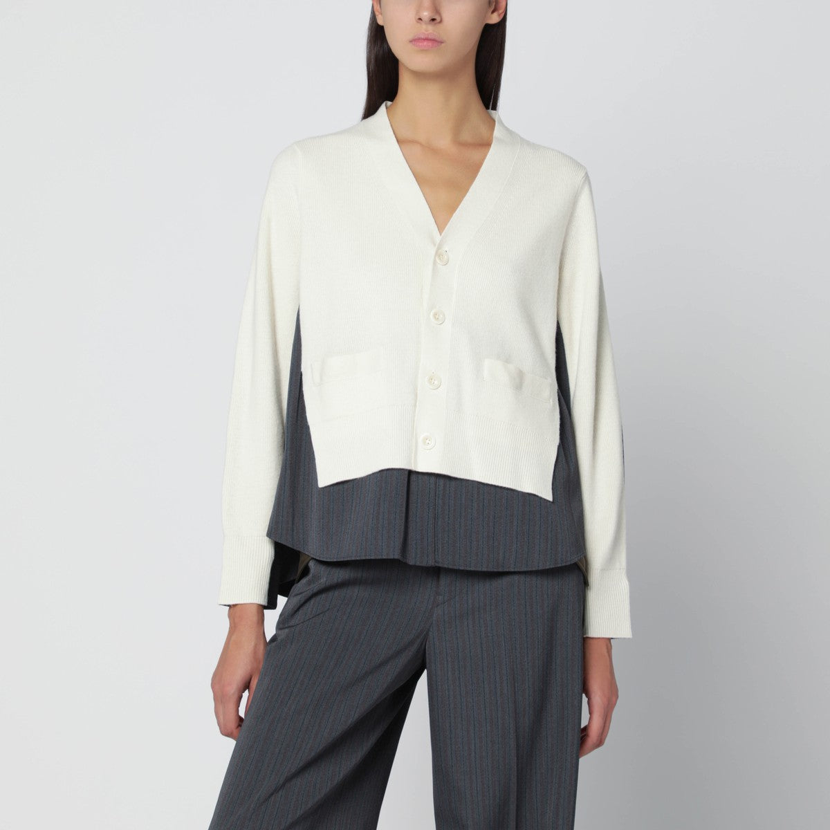 Sacai White cardigan with grey pinstripe shirt insert Sacai