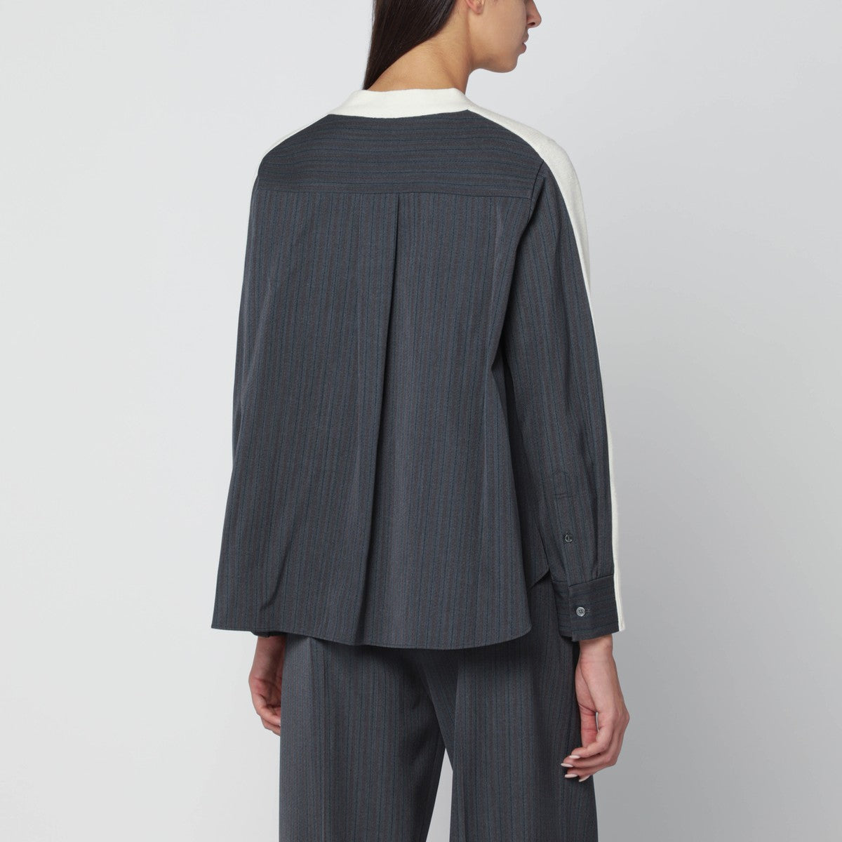 Sacai White cardigan with grey pinstripe shirt insert Sacai