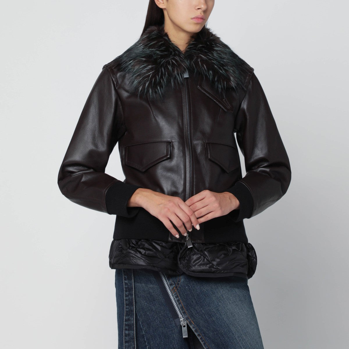 Sacai Brown bi-material bomber jacket with zip Sacai