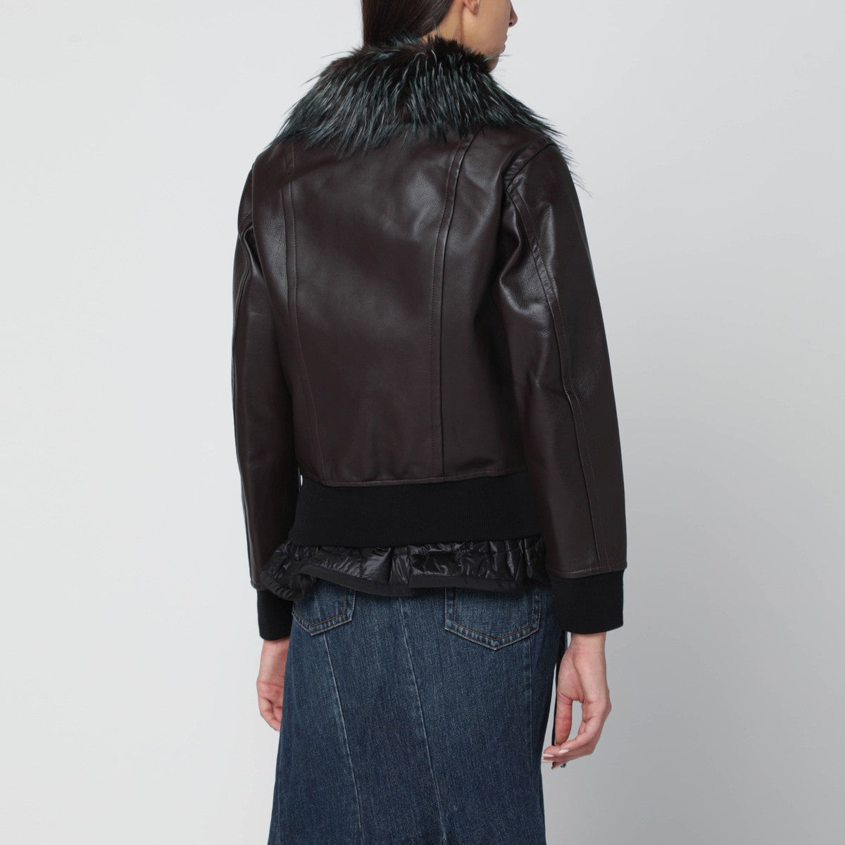 Sacai Brown bi-material bomber jacket with zip Sacai